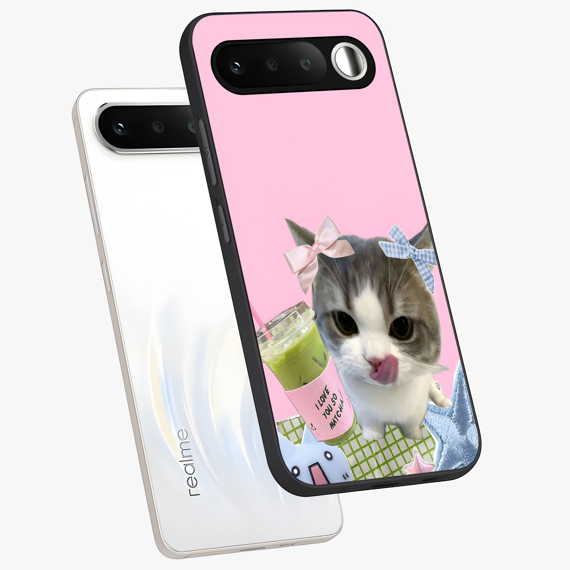 Love Matcha Cat Glass Case displayed in angled mockup highlighting playful feline illustration with cozy matcha aesthetic.