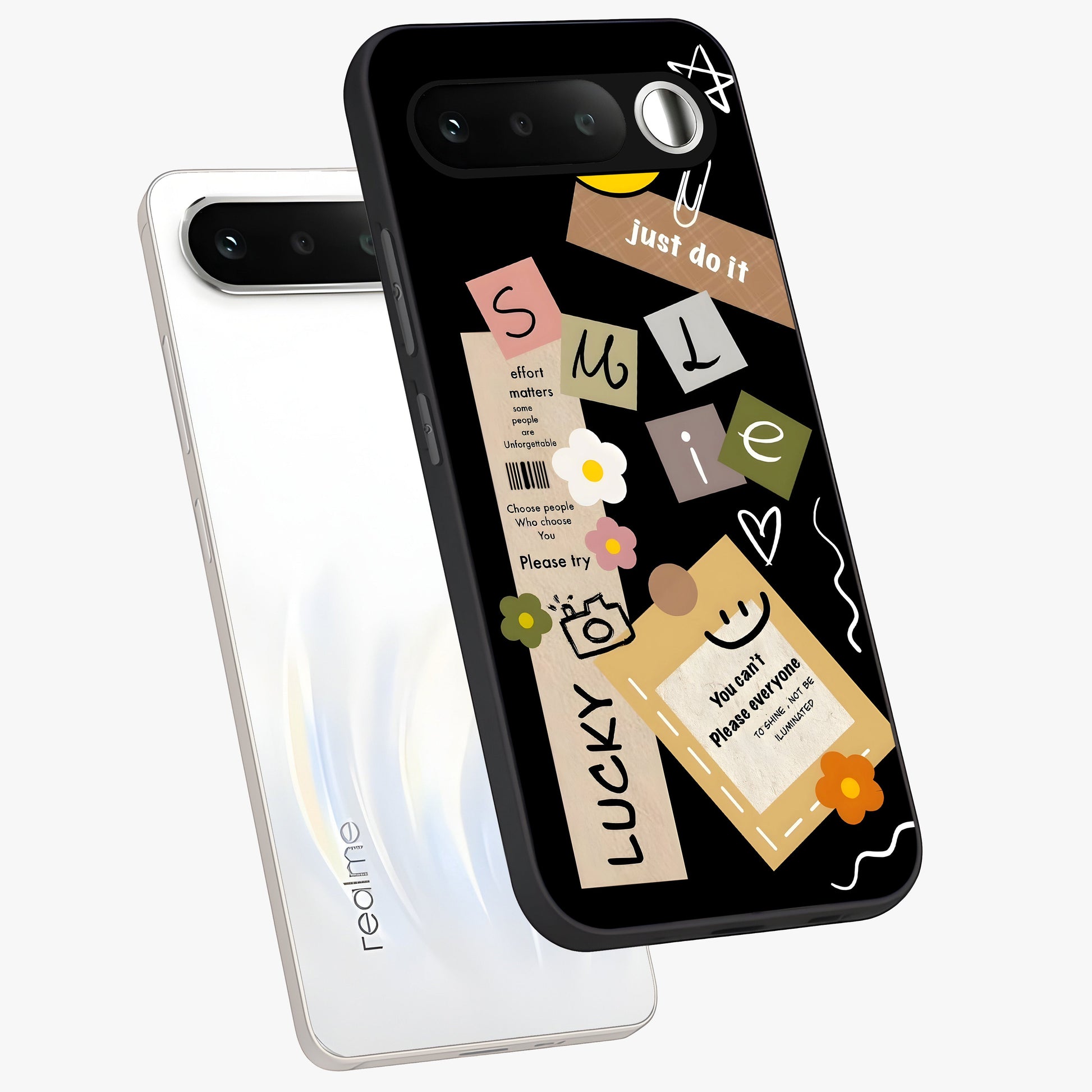 Lucky Aesthetic Collage Glass Case displayed in angled mockup highlighting stylish collage pattern with modern aesthetic vibe.