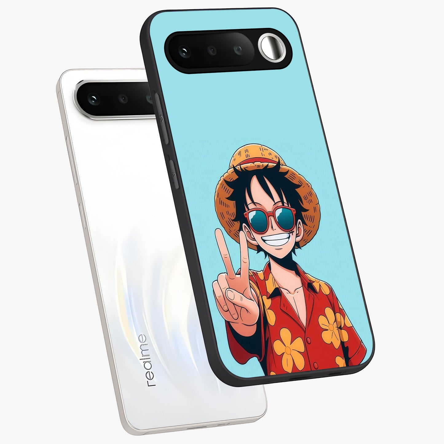 Luffy Summer Anime Vibe Glass Case displayed in angled mockup highlighting energetic anime illustration with summer vibe aesthetic.