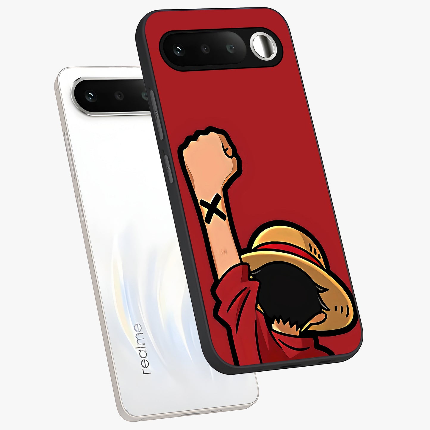Luffy X Spirit Glass Case displayed in angled mockup highlighting powerful anime design with energetic action aesthetic.