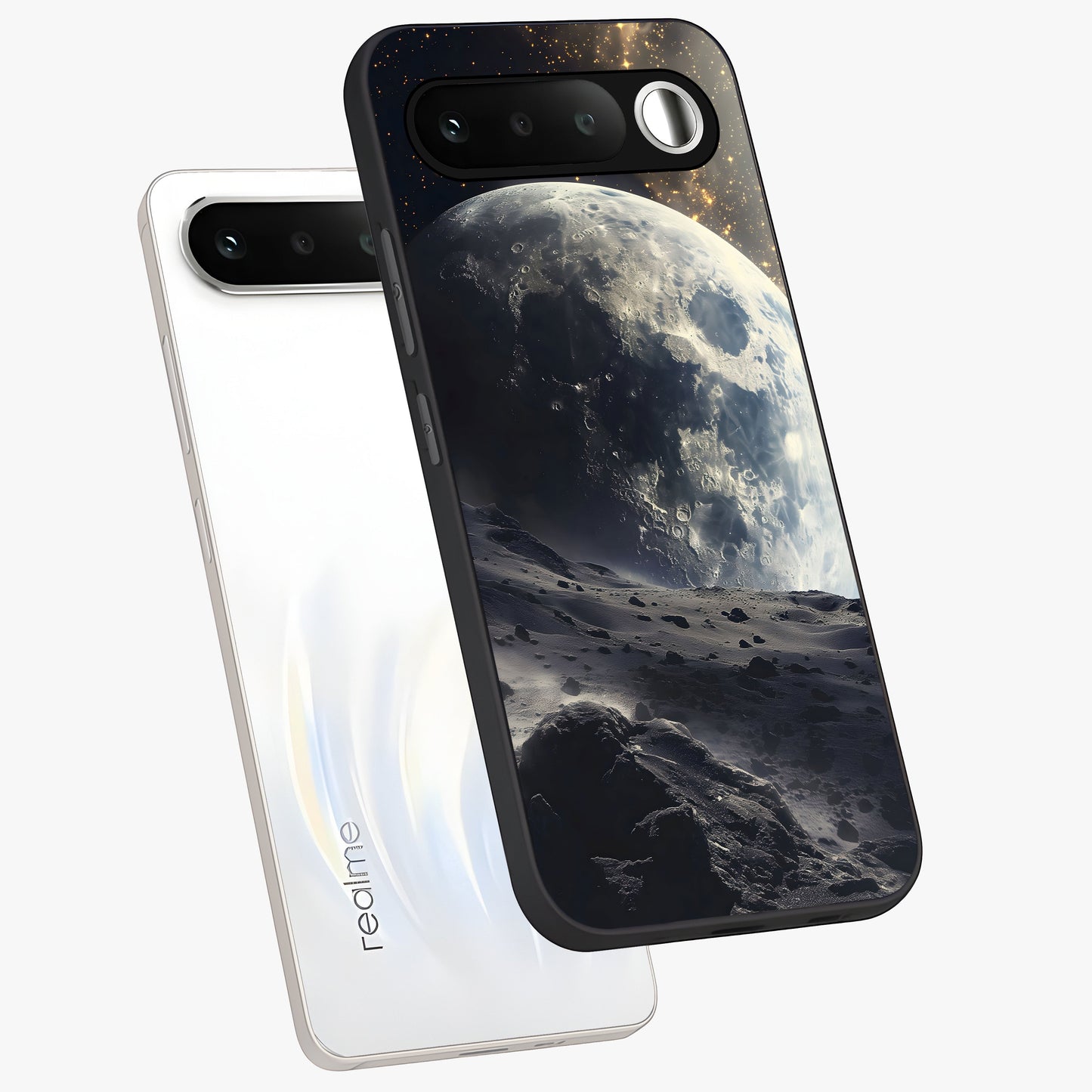 Lunar Horizon Glow Glass Case displayed in angled mockup highlighting celestial moon design with dreamy night aesthetic.