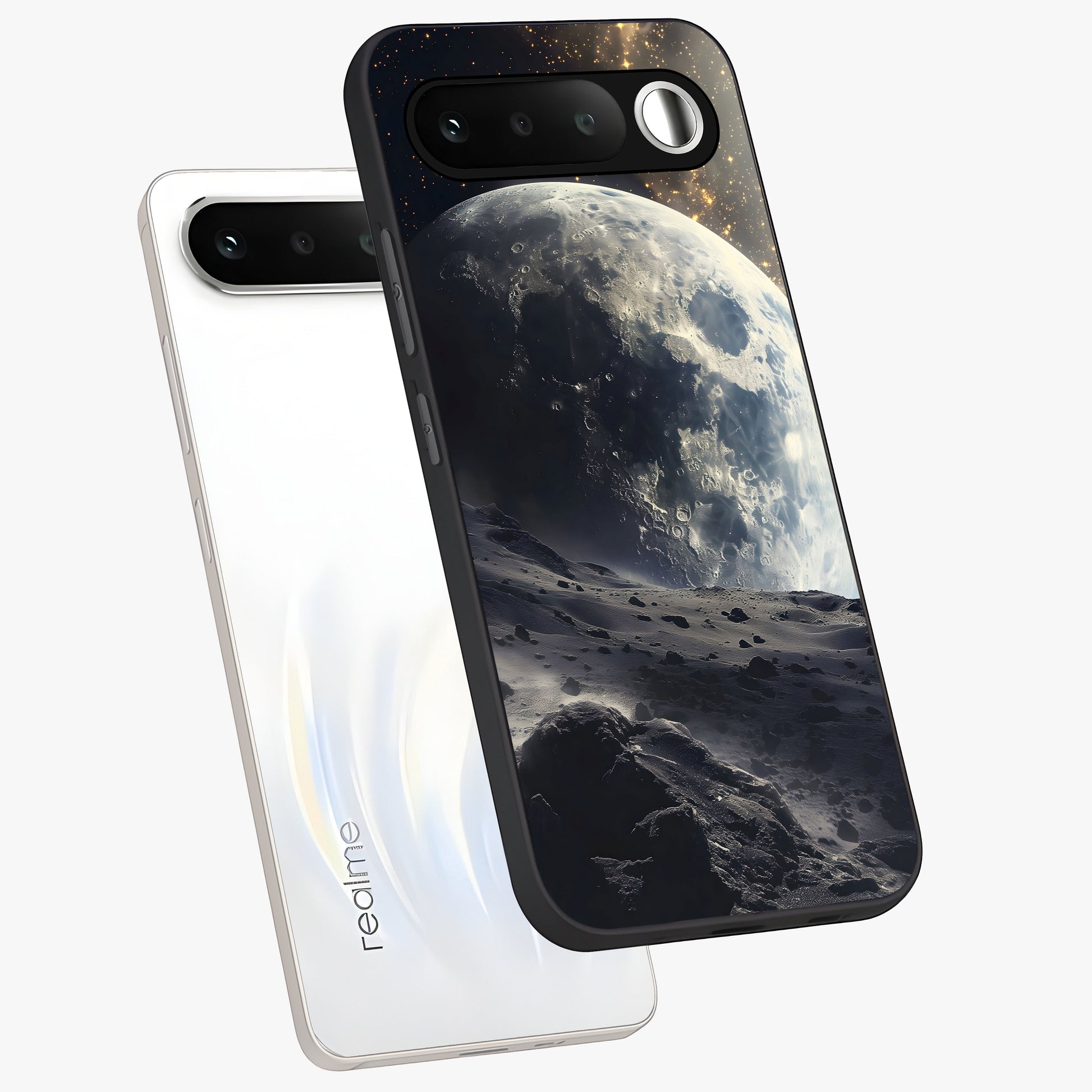 Lunar Horizon Glow Glass Case displayed in angled mockup highlighting celestial moon design with dreamy night aesthetic.