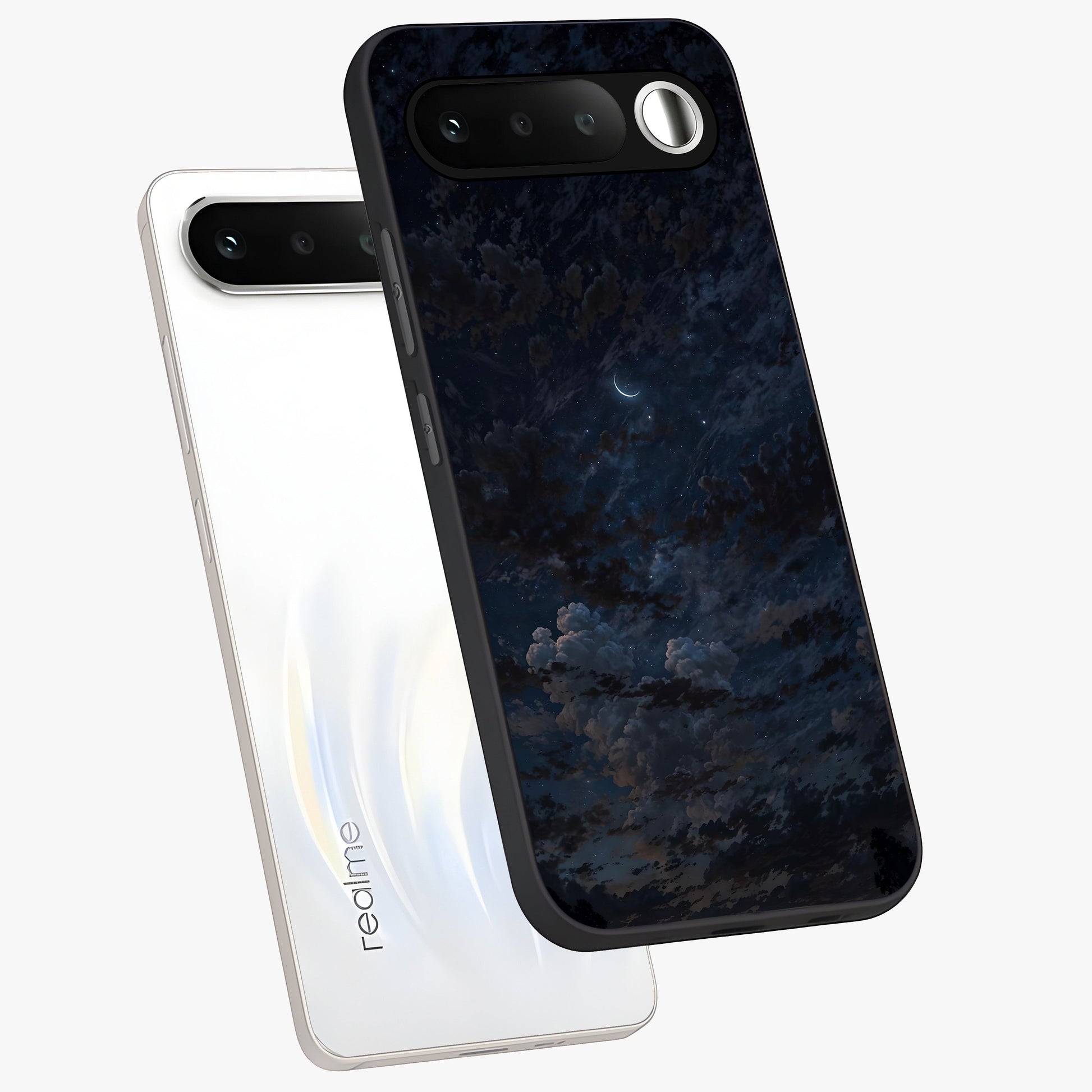 Lunar Veil Silence Glass Case displayed in angled mockup highlighting soft lunar design with peaceful celestial aesthetic.