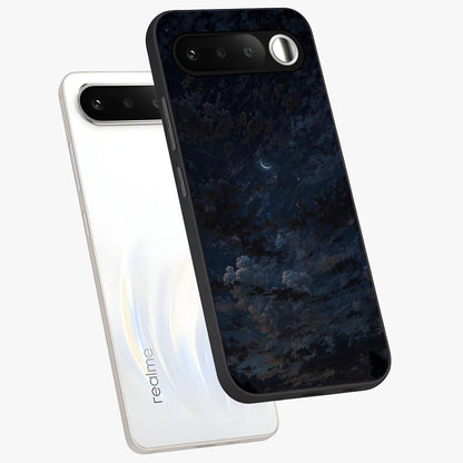 Lunar Veil Silence Glass Case displayed in angled mockup highlighting soft lunar design with peaceful celestial aesthetic.