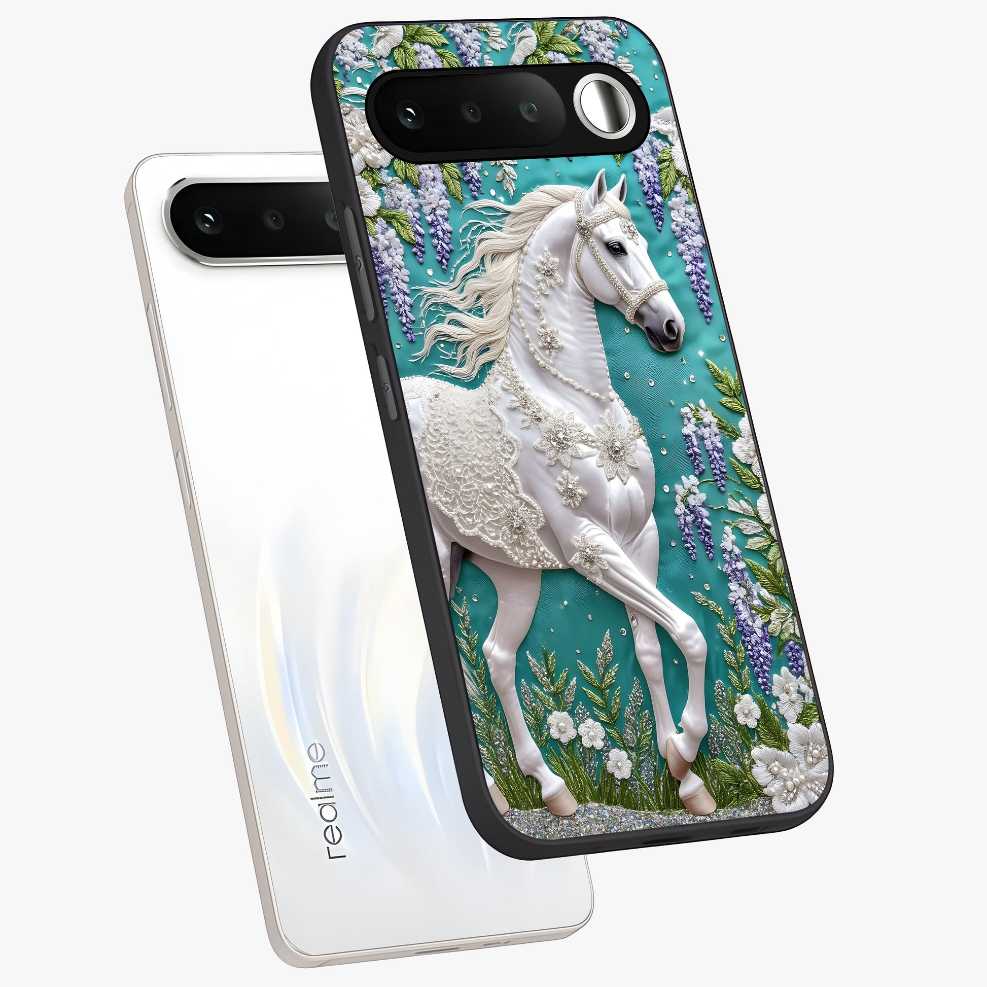 Majestic Floral Stallion Glass Case displayed in angled mockup highlighting majestic stallion illustration with elegant floral aesthetic.
