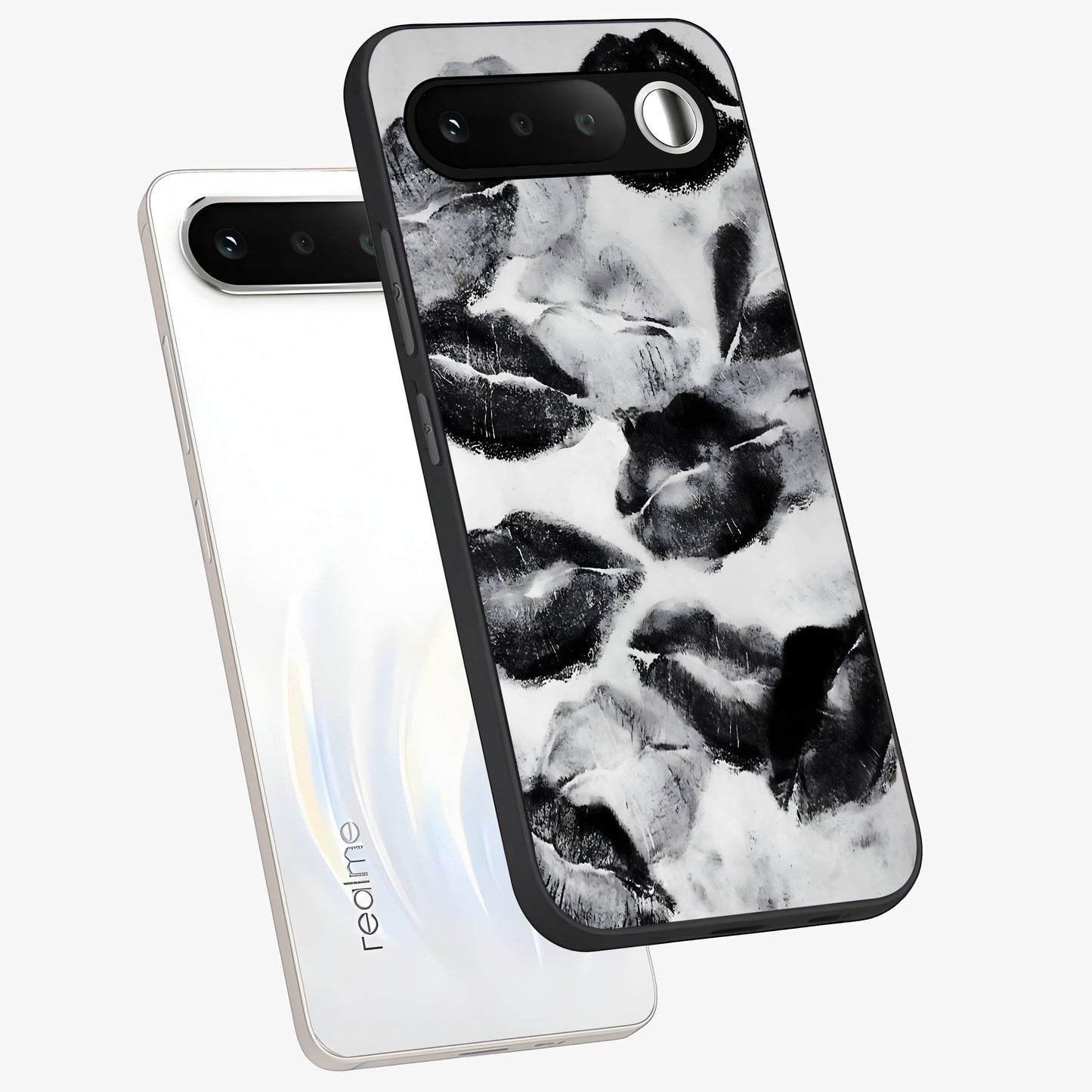 Midnight Kiss Marks Glass Case displayed in angled mockup highlighting playful romantic design with bold midnight aesthetic.