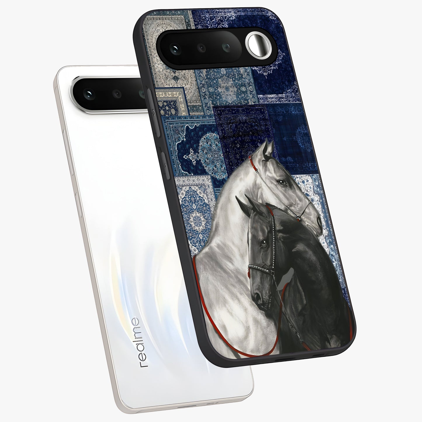 Midnight Stallion Blues Glass Case displayed in angled mockup highlighting powerful stallion illustration with deep midnight tones.