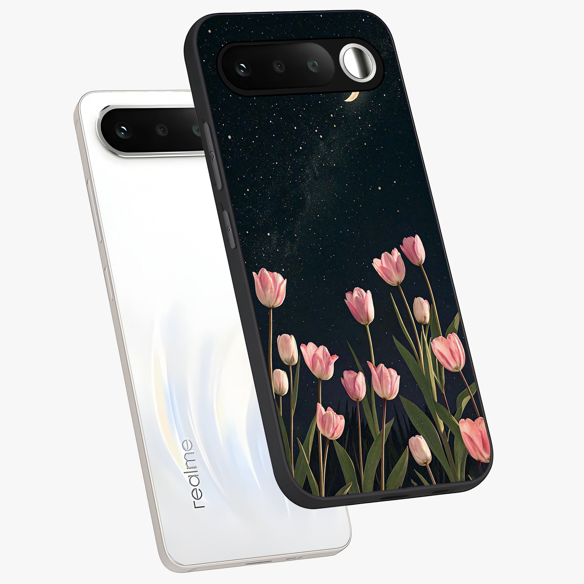 Midnight Tulip Whispers Vibe Glass Case displayed in angled mockup highlighting delicate tulip design with midnight floral aesthetic.