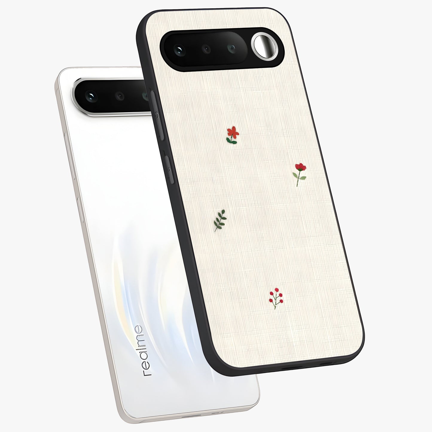 Minimalistic Blue With White Flower Pattern Glass Case displayed in angled mockup highlighting simple floral design with minimal aesthetic.