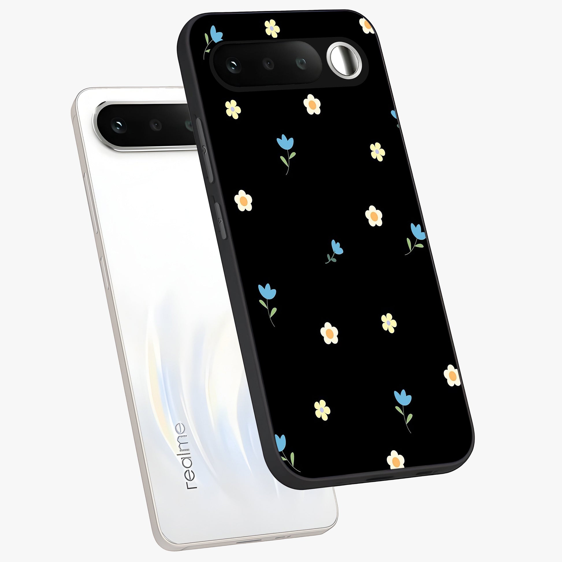Minimal Petal Whispers Glass Case displayed in angled mockup highlighting delicate petal design with clean minimal aesthetic.