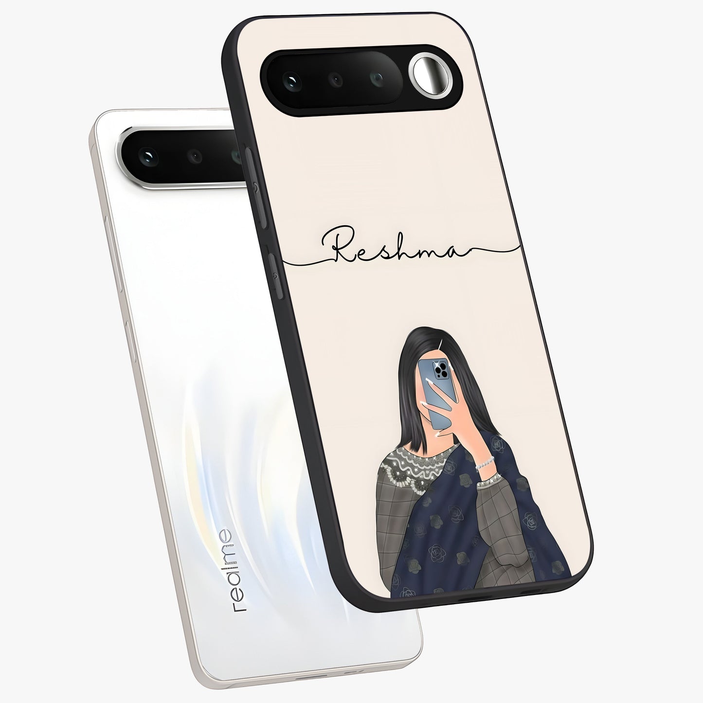 Mirror Mood Muse With Custom Name Glass Case displayed in angled mockup highlighting aesthetic mirror inspired design with custom name feature.