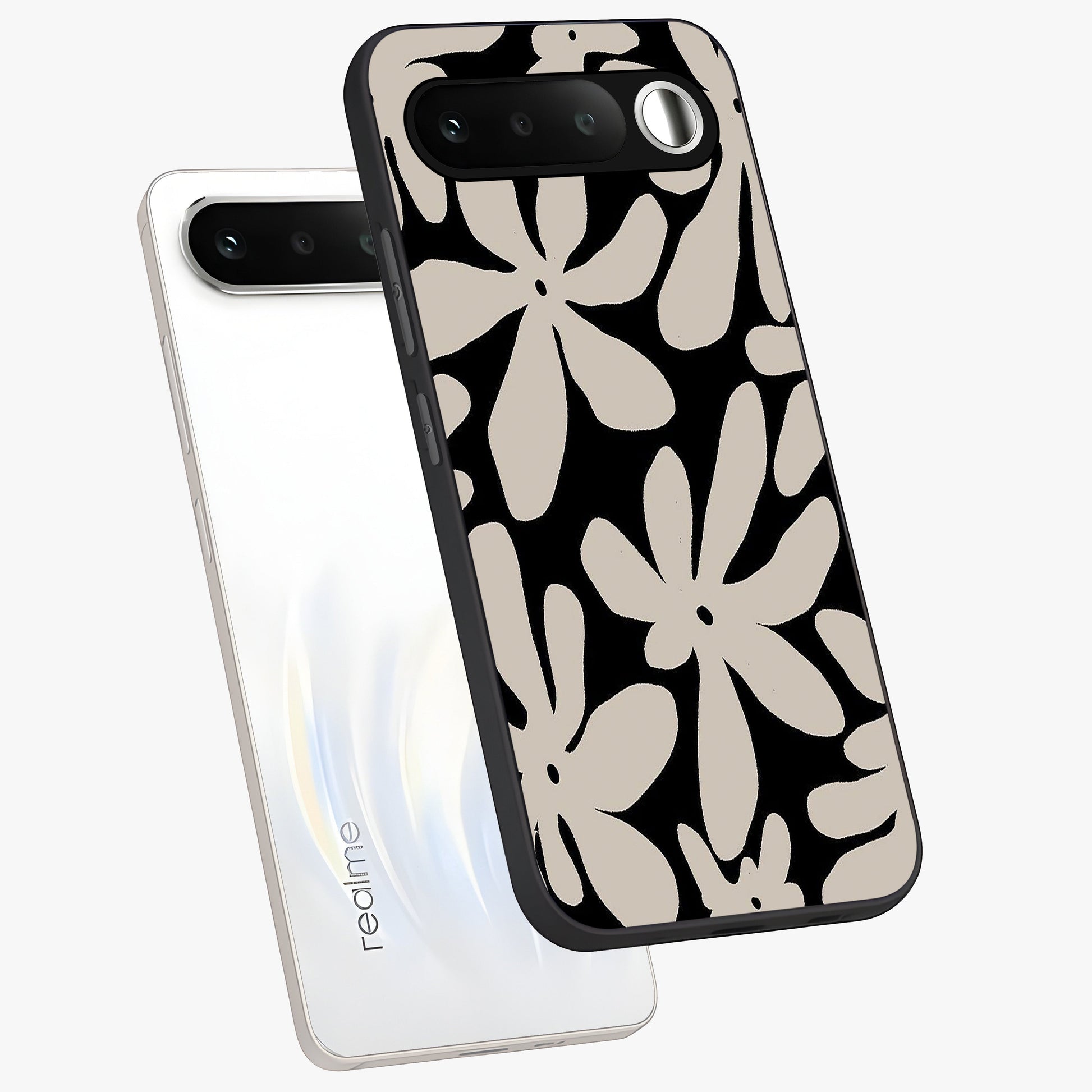 Monochrome Petal Dance Glass Case displayed in angled mockup highlighting elegant petal design with black and white aesthetic.