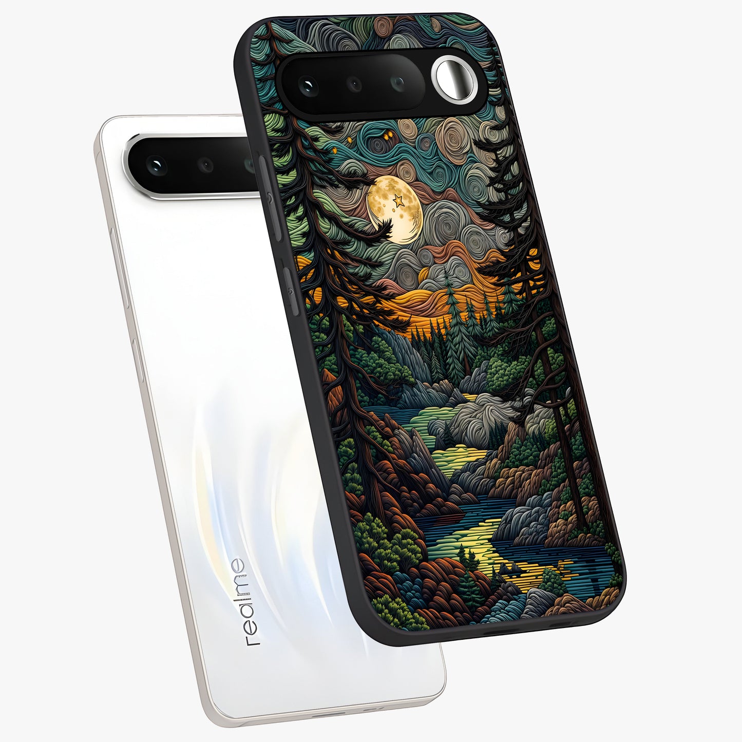 Moonlight Forest Dream Glass Case displayed in angled mockup highlighting dreamy forest design with glowing moon aesthetic.