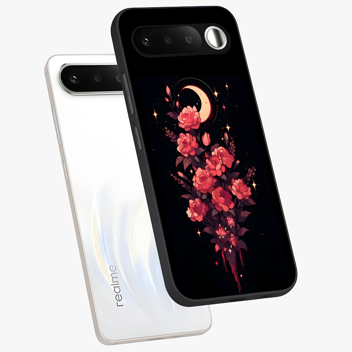 Moonlit Floral Elegance Glass Case displayed in angled mockup highlighting graceful flower design with soft moonlight aesthetic.