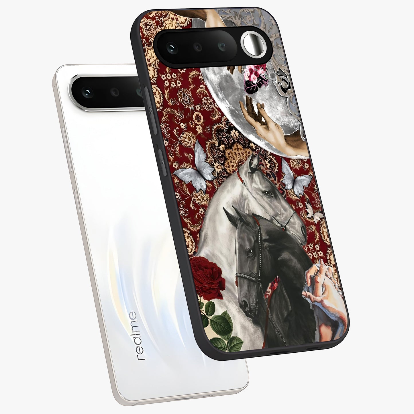 Moonlit Royal Stallion Glass Case displayed in angled mockup highlighting powerful stallion illustration with royal night aesthetic.