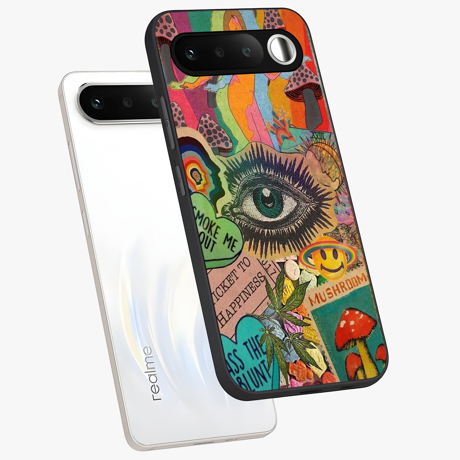 Mystic Eye Wonderland Glass Case displayed in angled mockup highlighting magical eye illustration with dreamy aesthetic.