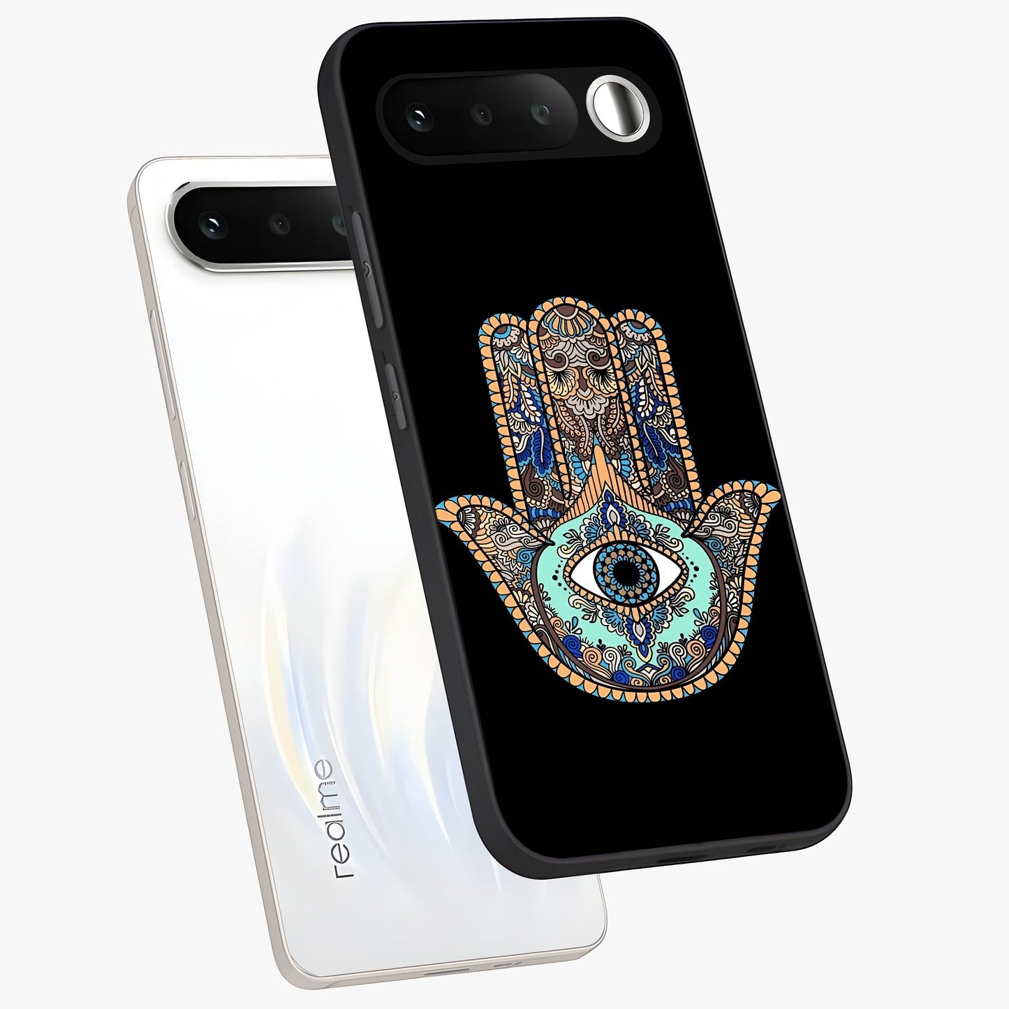 Mystic Hamsa Eye Glass Case displayed in angled mockup highlighting spiritual hamsa symbol with mystical aesthetic style.