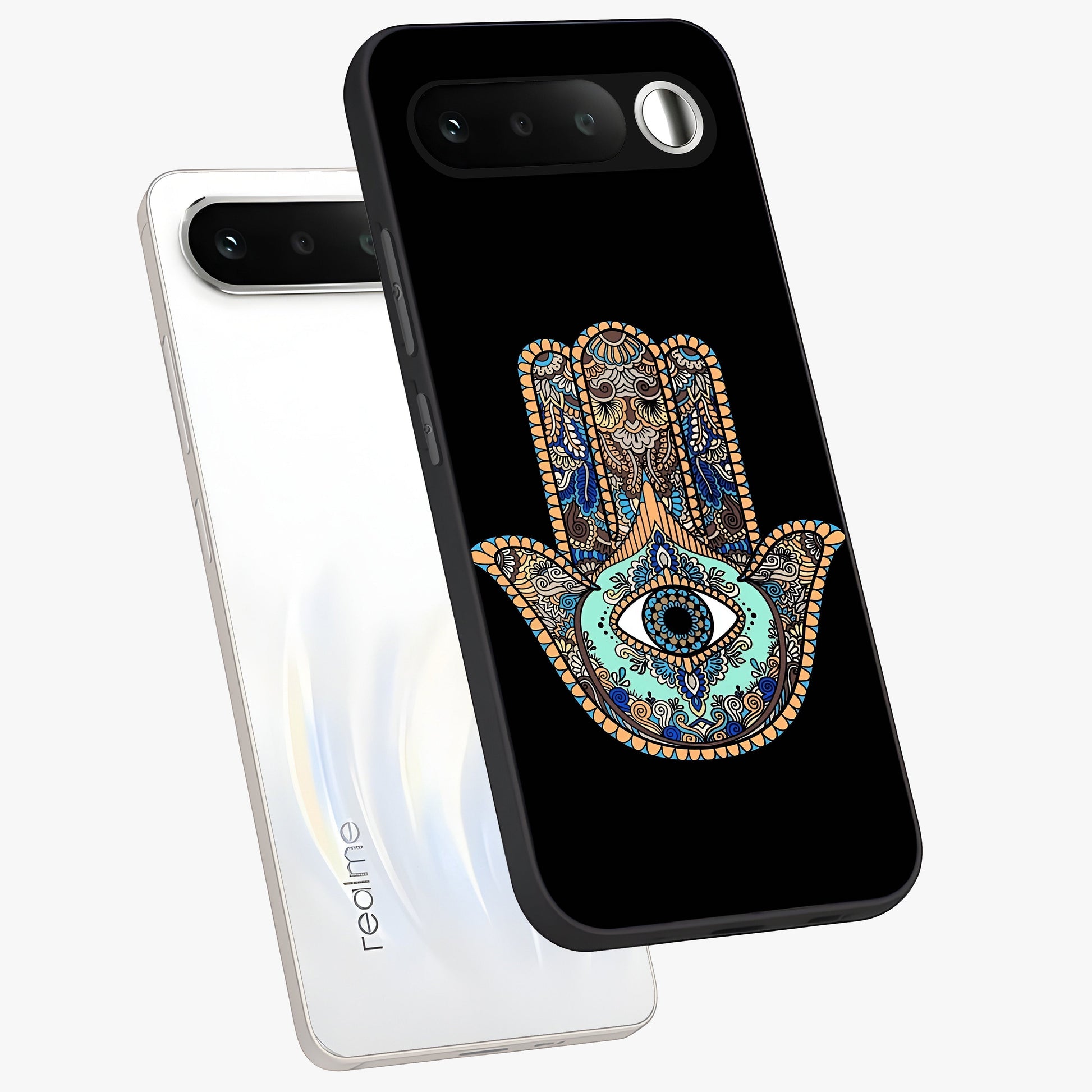 Mystic Hamsa Eye Glass Case displayed in angled mockup highlighting spiritual hamsa symbol with mystical aesthetic style.