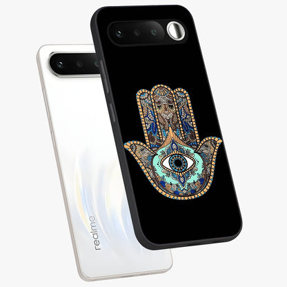 Mystic Hamsa Eye Glass Case displayed in angled mockup highlighting spiritual hamsa symbol with mystical aesthetic style.