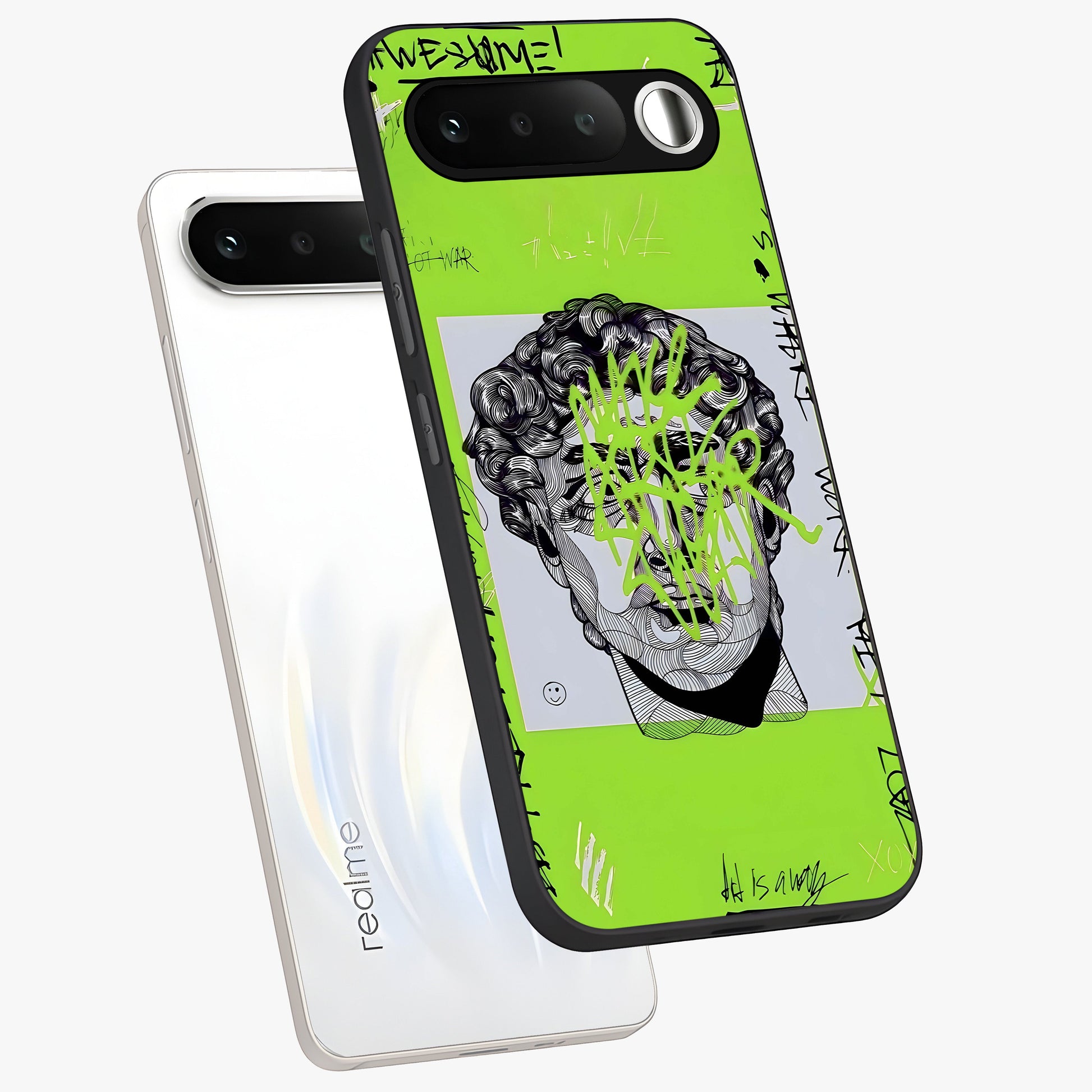 Neo Graffiti Rebellion Glass Case displayed in angled mockup highlighting urban street art design with rebellious aesthetic.