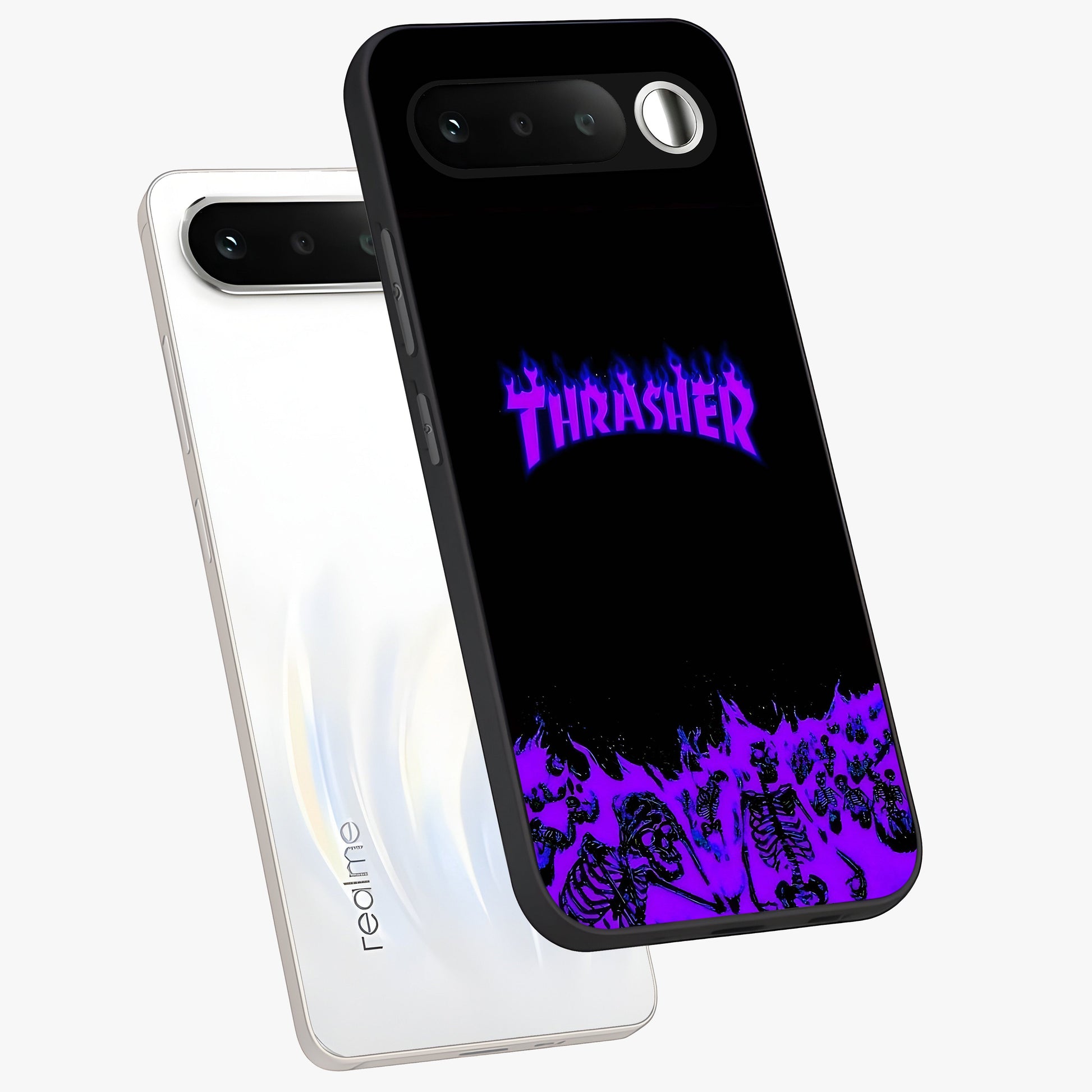 Neon Flame Riot Glass Case displayed in angled mockup highlighting glowing flame design with vibrant neon aesthetic.