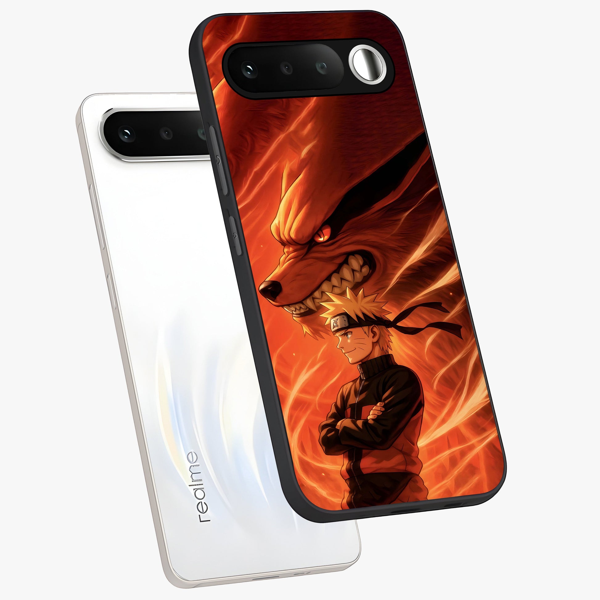 Nine Tails Legacy Glass Case displayed in angled mockup highlighting dynamic anime beast illustration with bold mystical aesthetic.