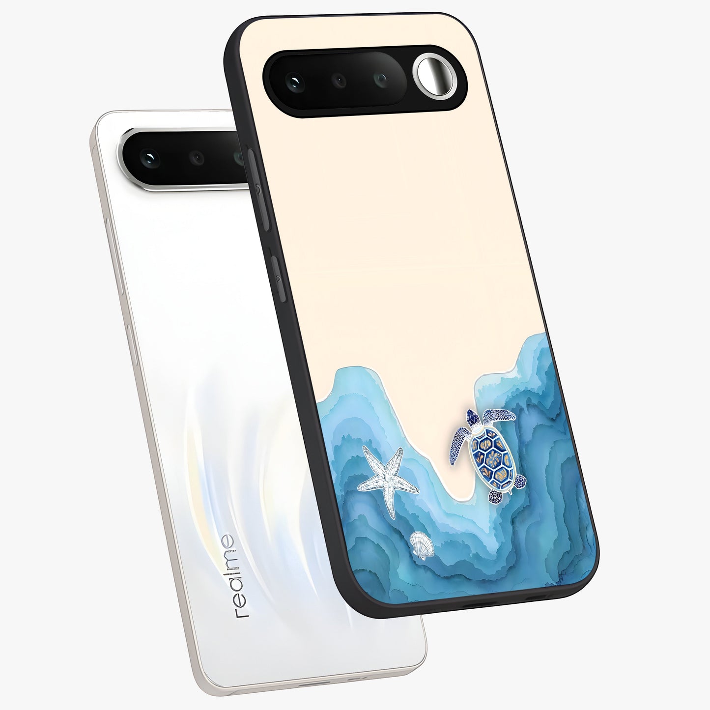 Ocean Drift Turtle Glass Case displayed in angled mockup highlighting peaceful ocean turtle illustration with marine aesthetic.