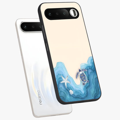 Ocean Drift Turtle Glass Case displayed in angled mockup highlighting peaceful ocean turtle illustration with marine aesthetic.