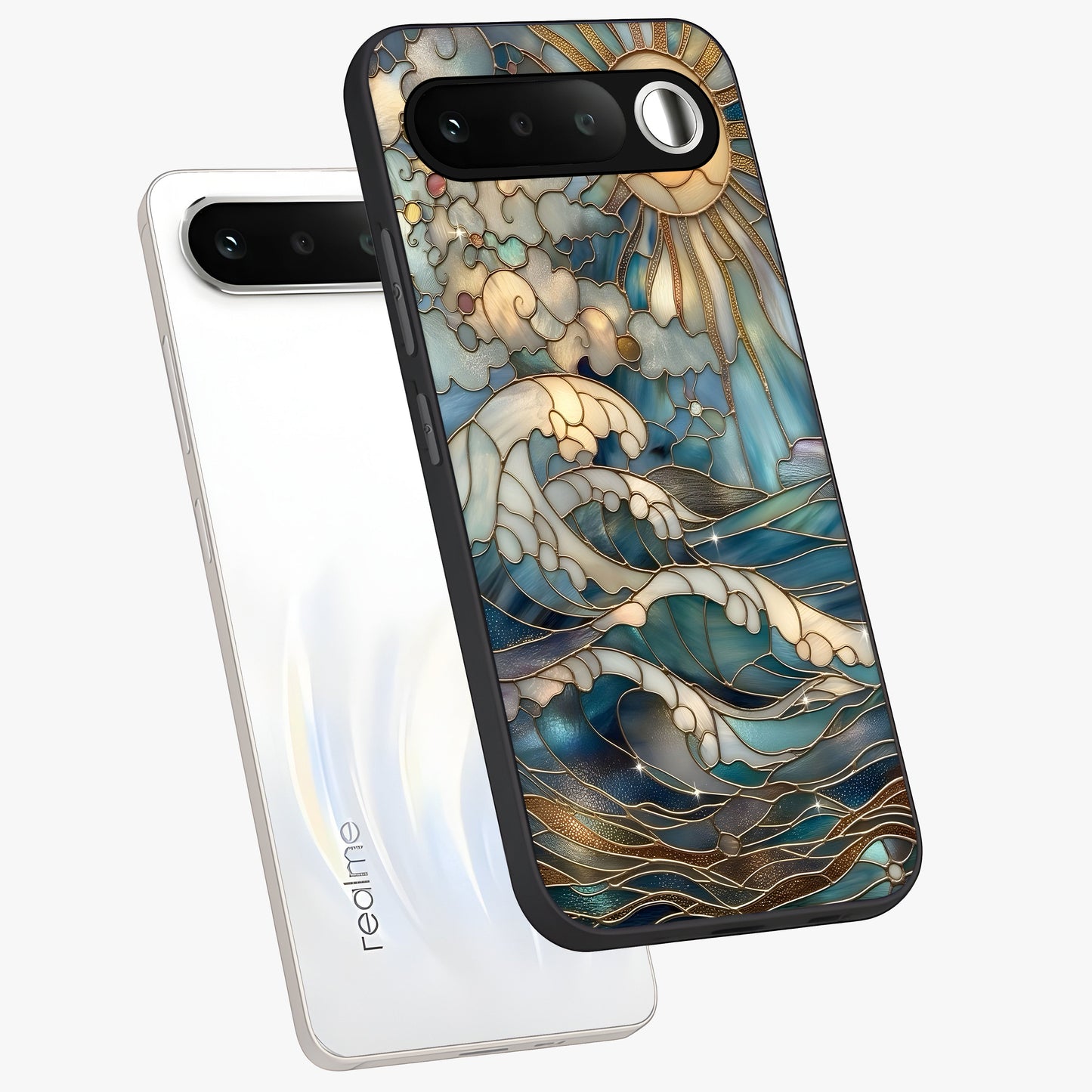 Oceanic Stained Printed Glass Case displayed in angled mockup highlighting colorful aquatic design with artistic aesthetic style.
