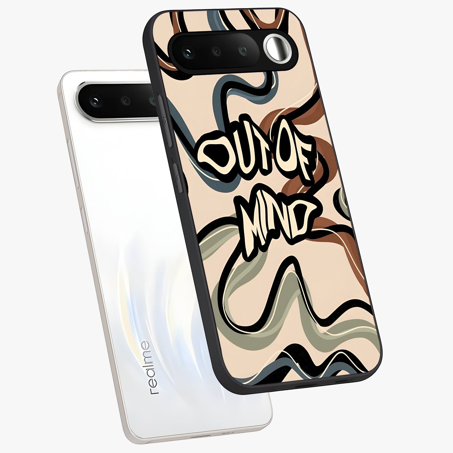 Out Of Mind Glass Case displayed in angled mockup highlighting bold statement design with modern artistic aesthetic.