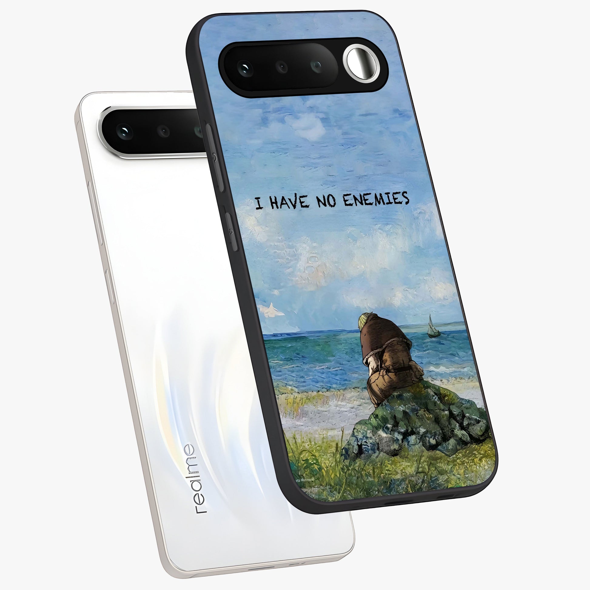 Peace Beyond War Glass Case displayed in angled mockup highlighting meaningful message design with artistic aesthetic style.