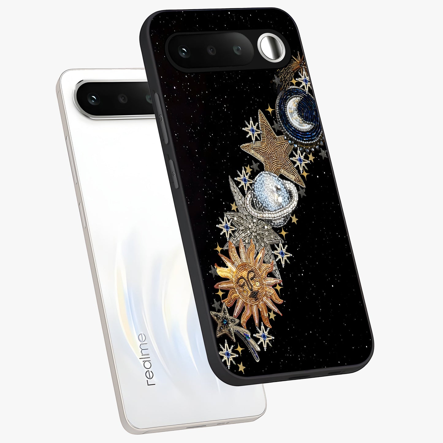 Pearls Universe Object Glass Case displayed in angled mockup highlighting celestial pearl design with dreamy aesthetic.