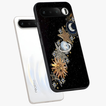Pearls Universe Object Glass Case displayed in angled mockup highlighting celestial pearl design with dreamy aesthetic.