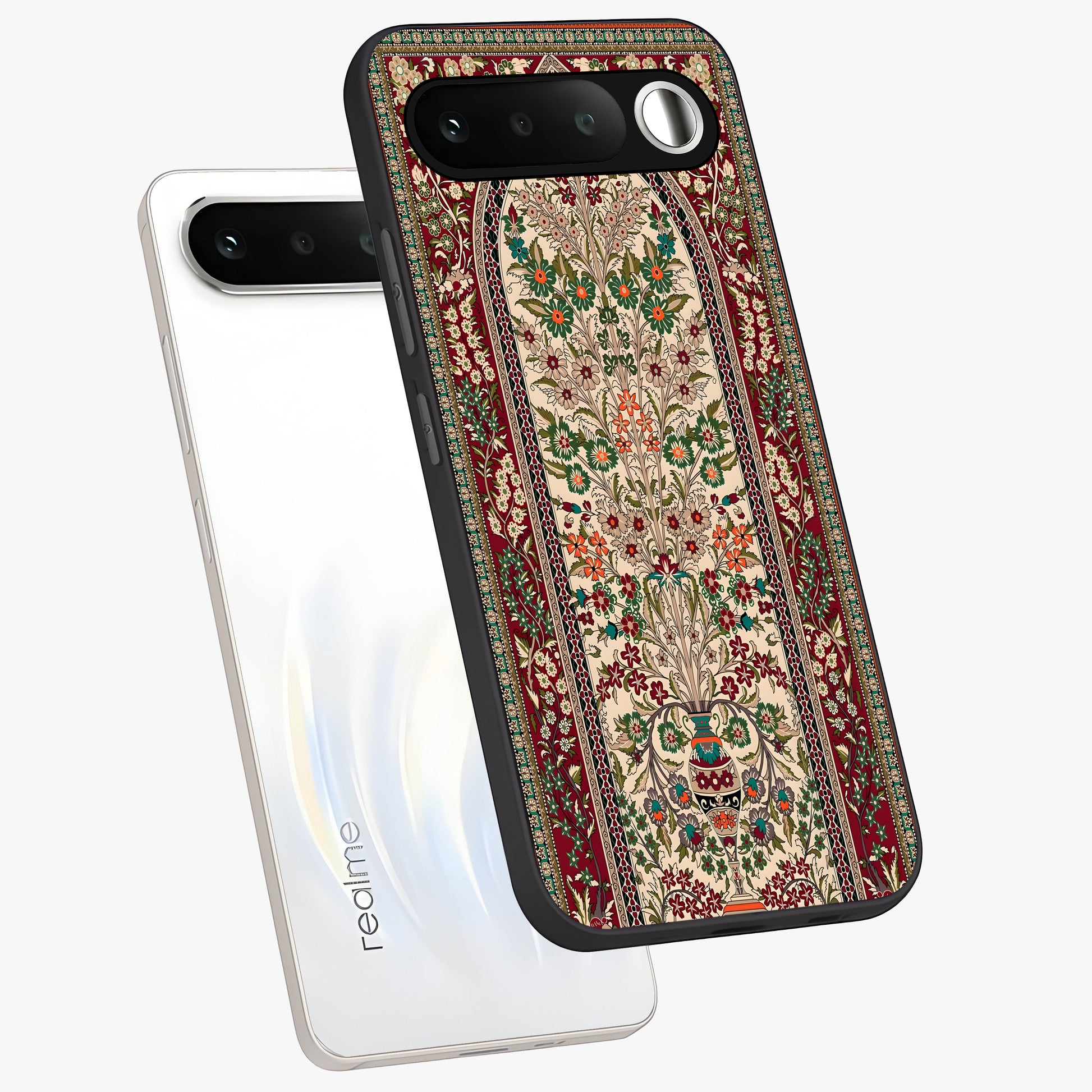 Persian Inspired Glass Case displayed in angled mockup highlighting intricate traditional design with elegant cultural aesthetic.