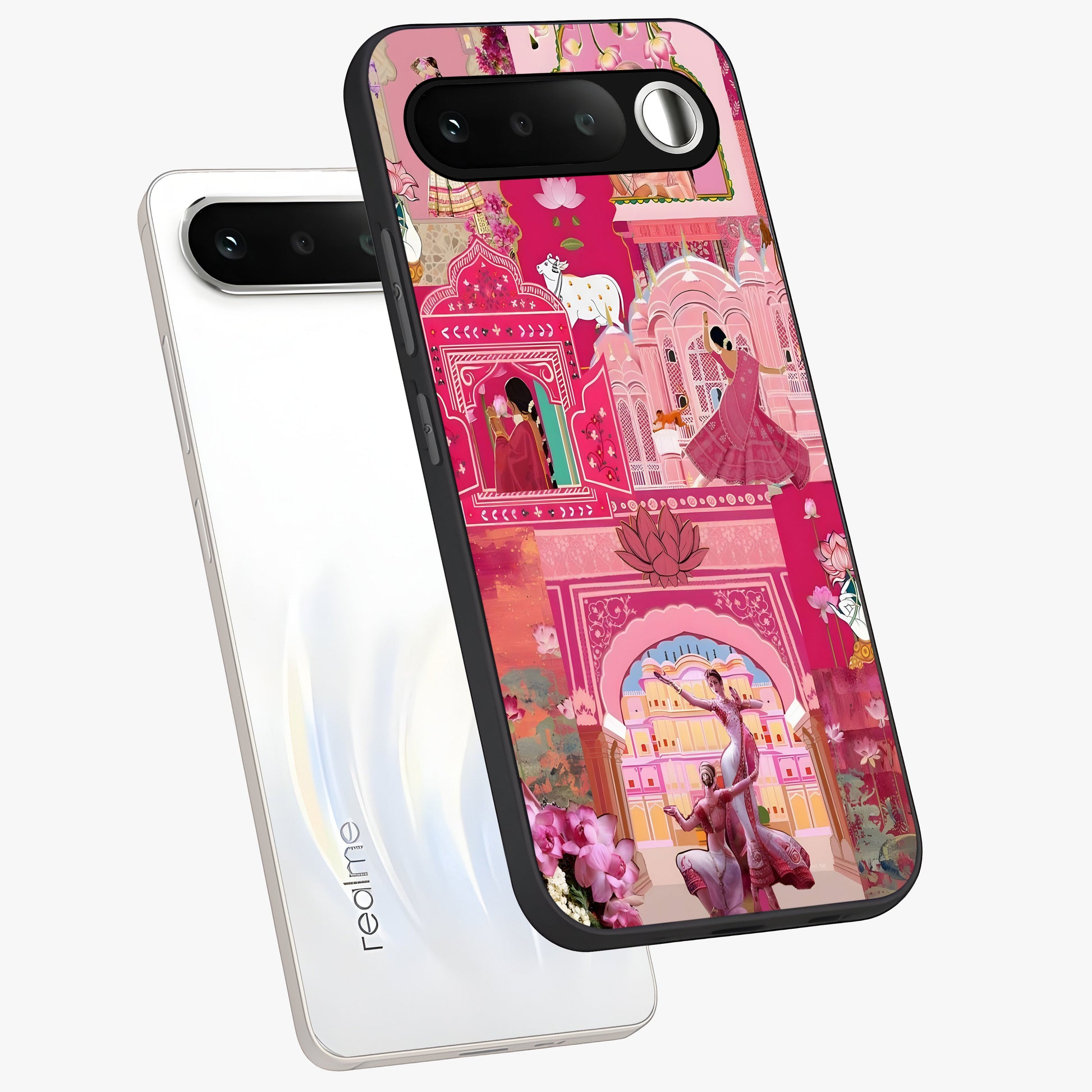 Pink Palace Muse Glass Case displayed in angled mockup highlighting dreamy palace illustration with soft pink aesthetic.