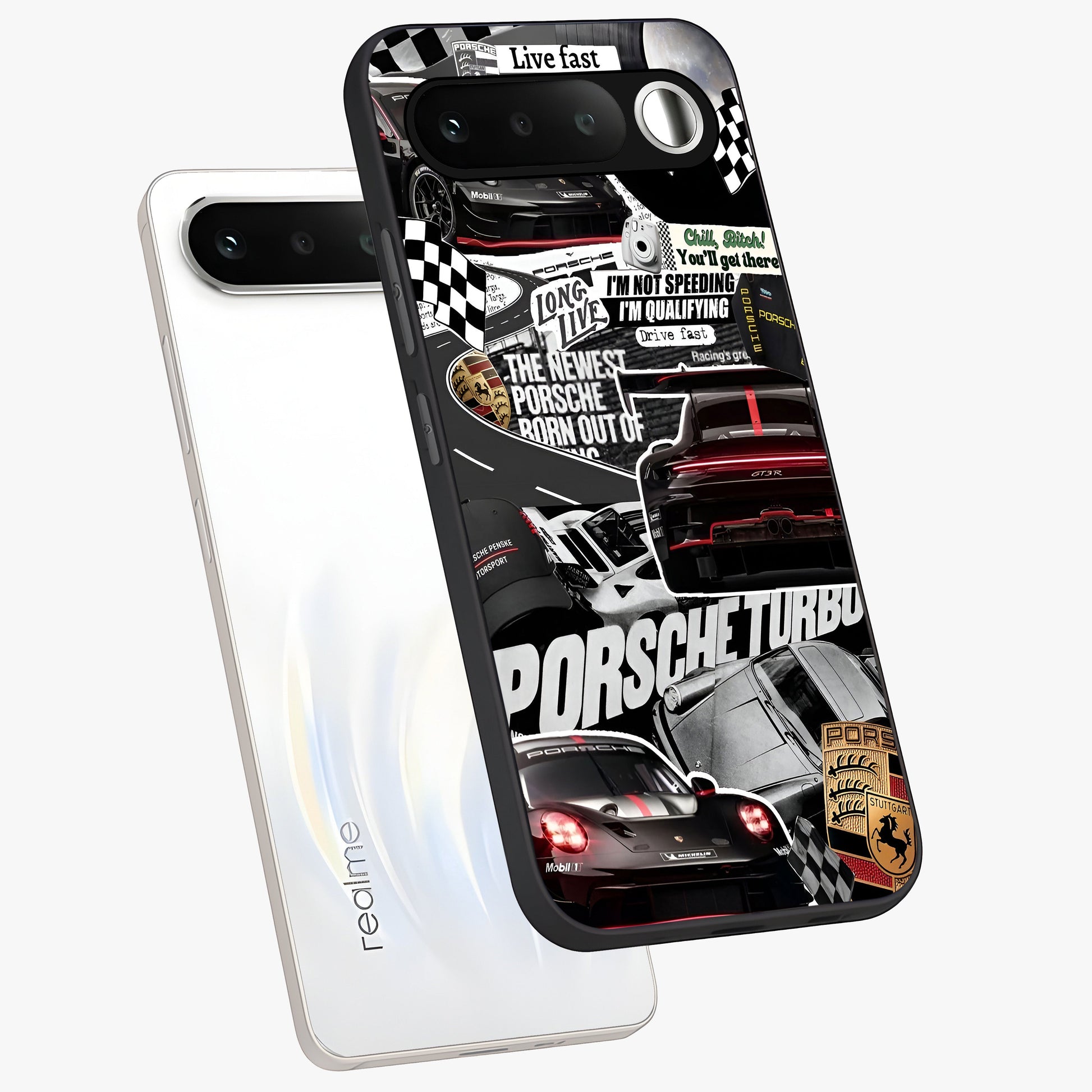 Porsche Racing Collage Glass Case displayed in angled mockup highlighting dynamic automotive design with bold racing aesthetic.