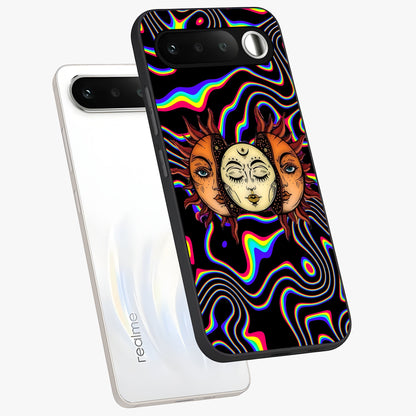 Psychedelic Sun Glass Case displayed in angled mockup highlighting vibrant abstract sun design with artistic aesthetic style.