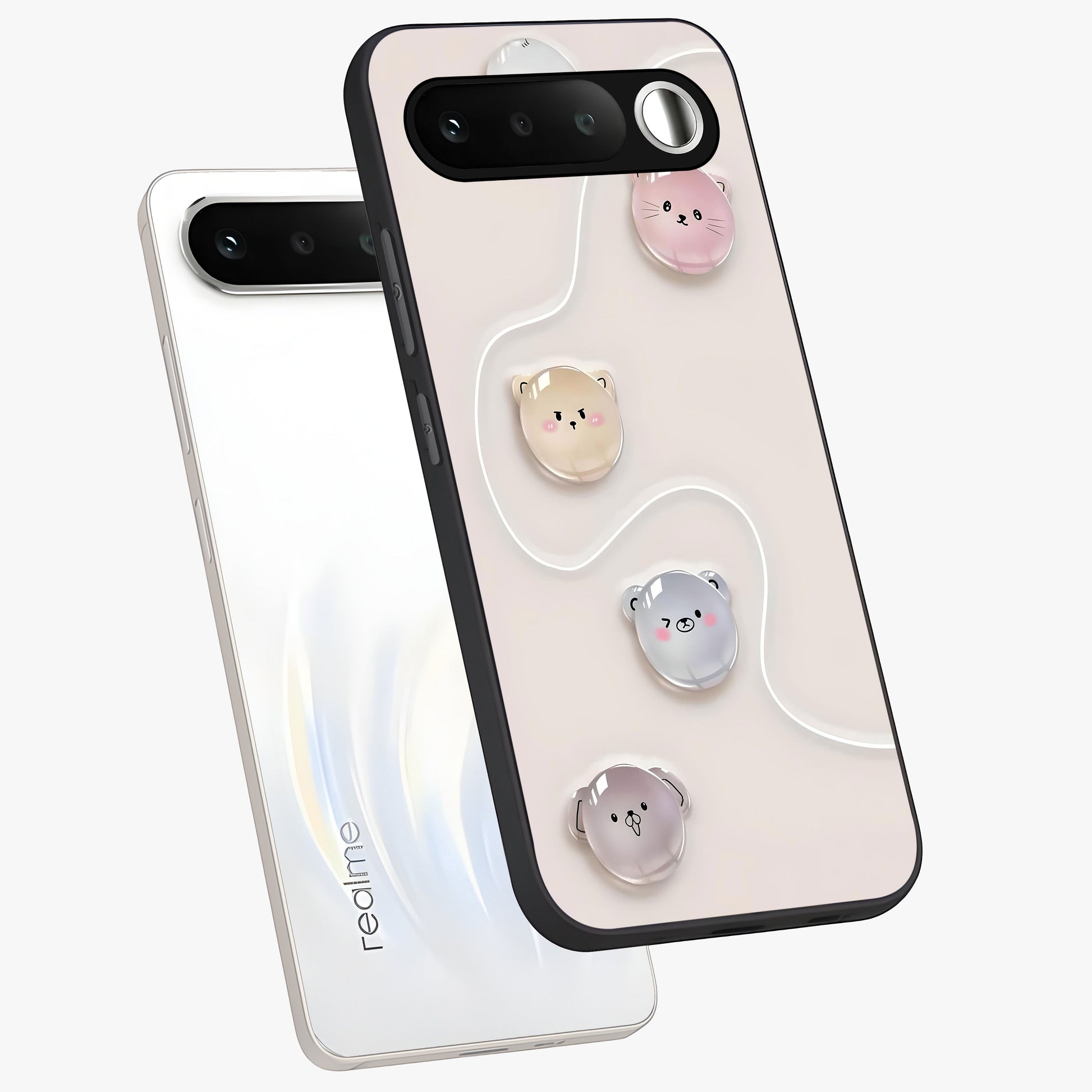 Puffy Face Parade Glass Case displayed in angled mockup highlighting playful cartoon face design with fun aesthetic.