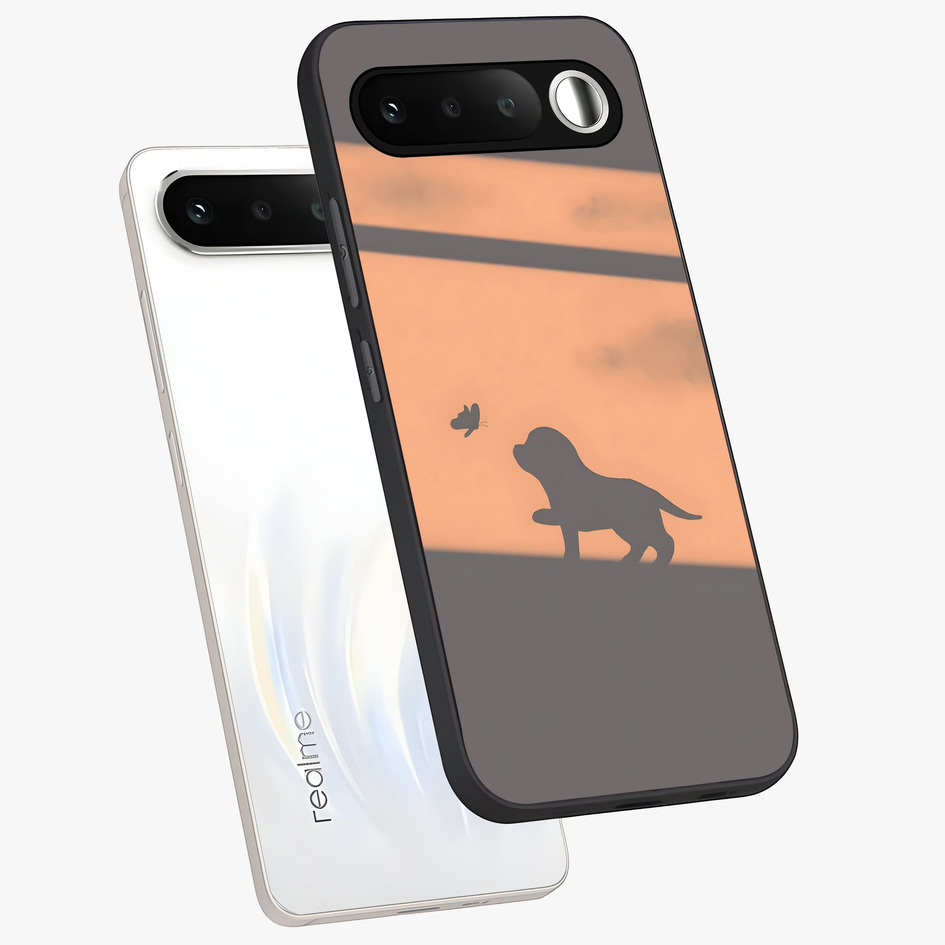 Puppy Shadow Art Glass Case displayed in angled mockup highlighting playful dog illustration with artistic shadow aesthetic.
