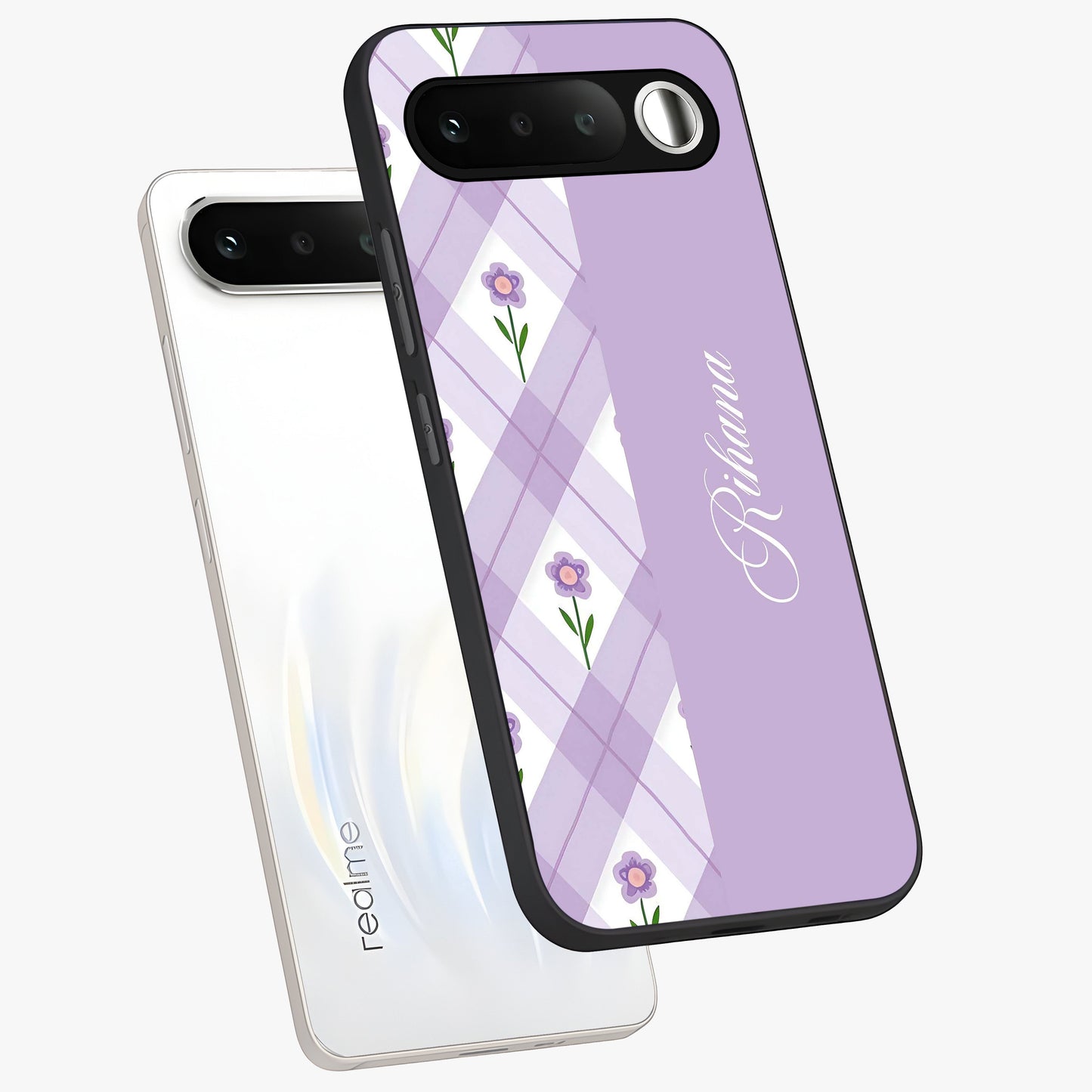 Purple Diamond Floral Glass Case displayed in angled mockup highlighting elegant purple flower design with decorative pattern.