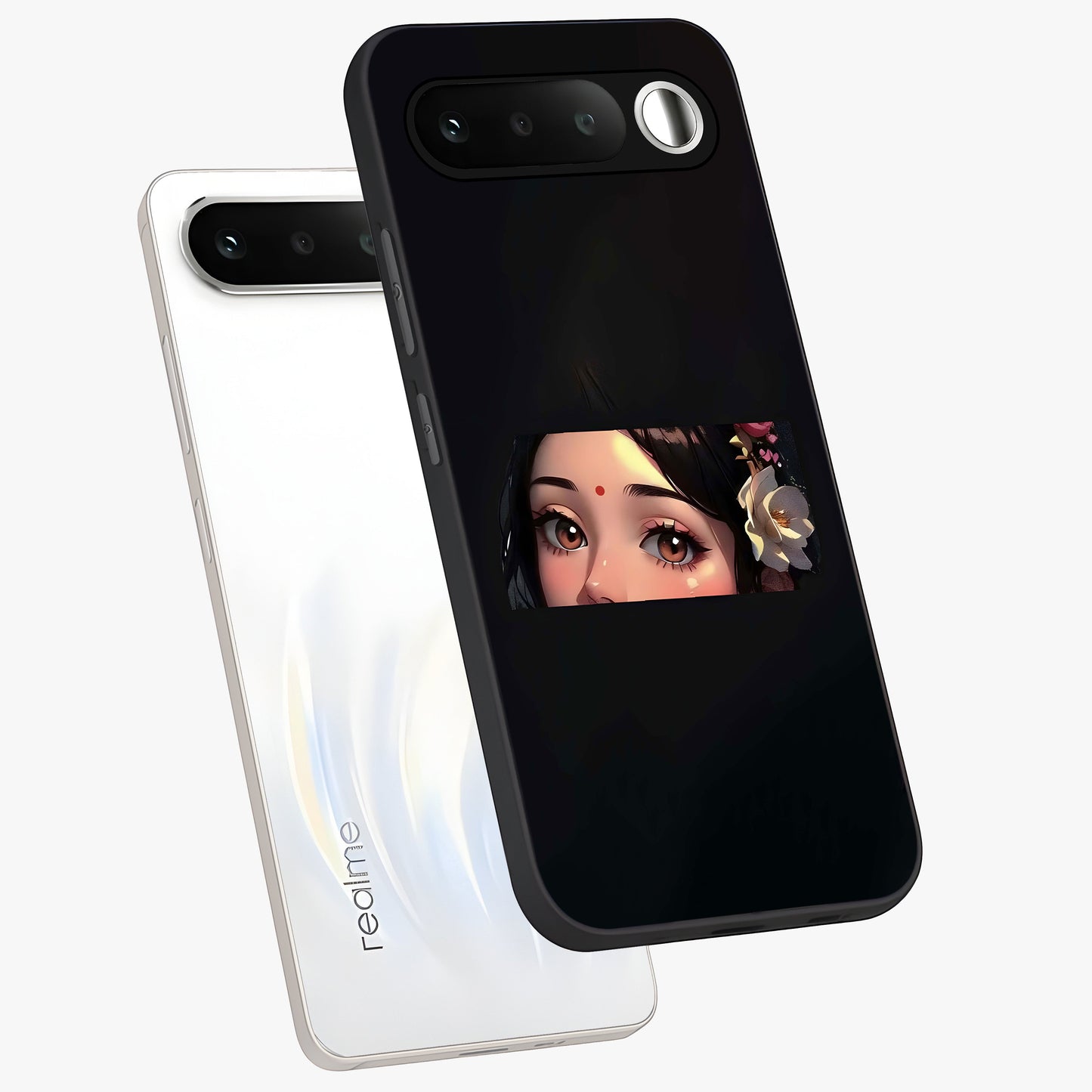 Radha Divine Embrace Glass Case displayed in angled mockup highlighting graceful spiritual illustration with divine aesthetic.