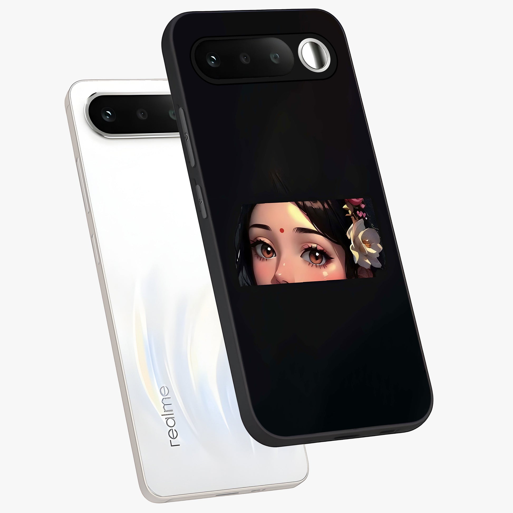 Radha Divine Embrace Glass Case displayed in angled mockup highlighting graceful spiritual illustration with divine aesthetic.