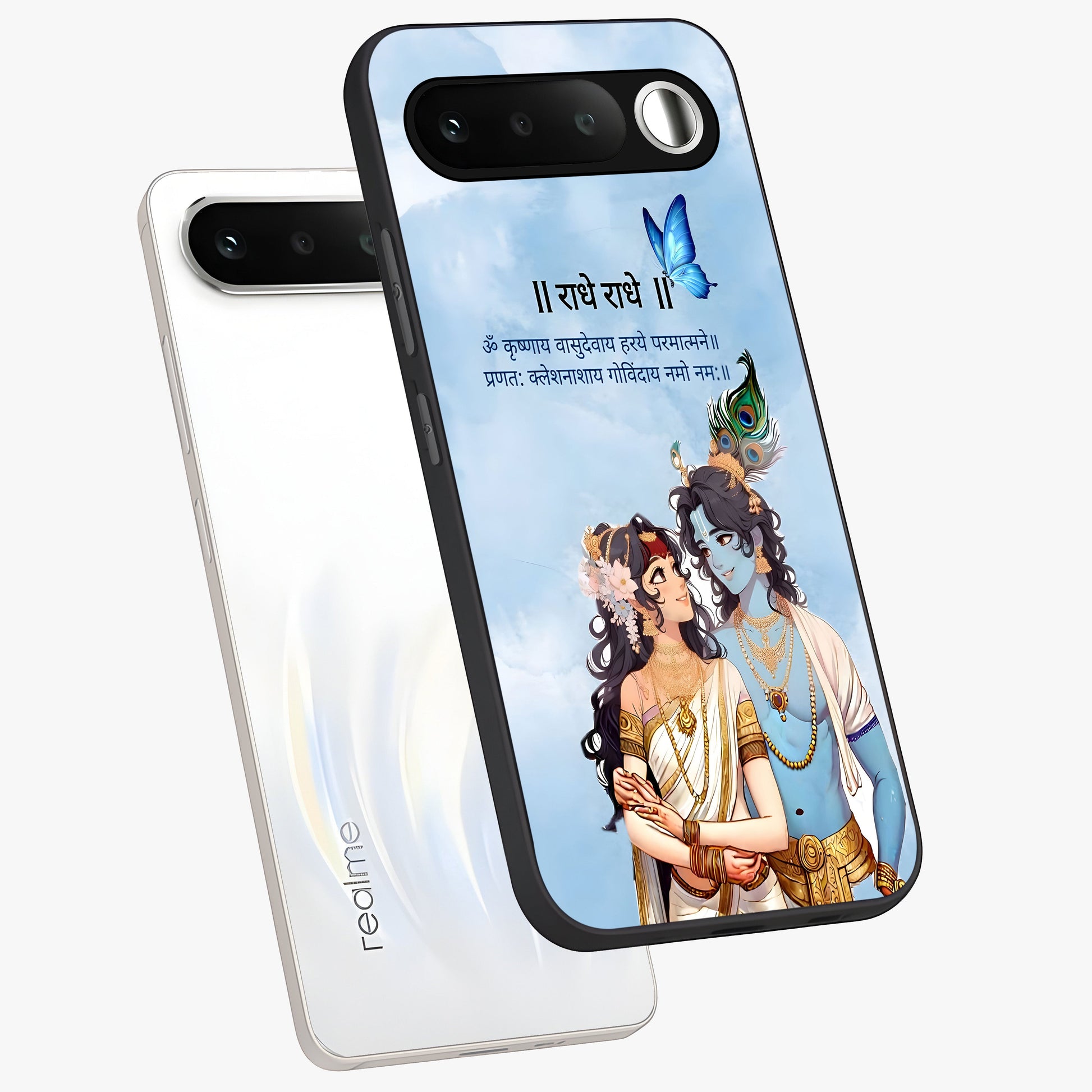 Radha Krishna Eternal Glass Case displayed in angled mockup highlighting divine Radha Krishna illustration with spiritual aesthetic.