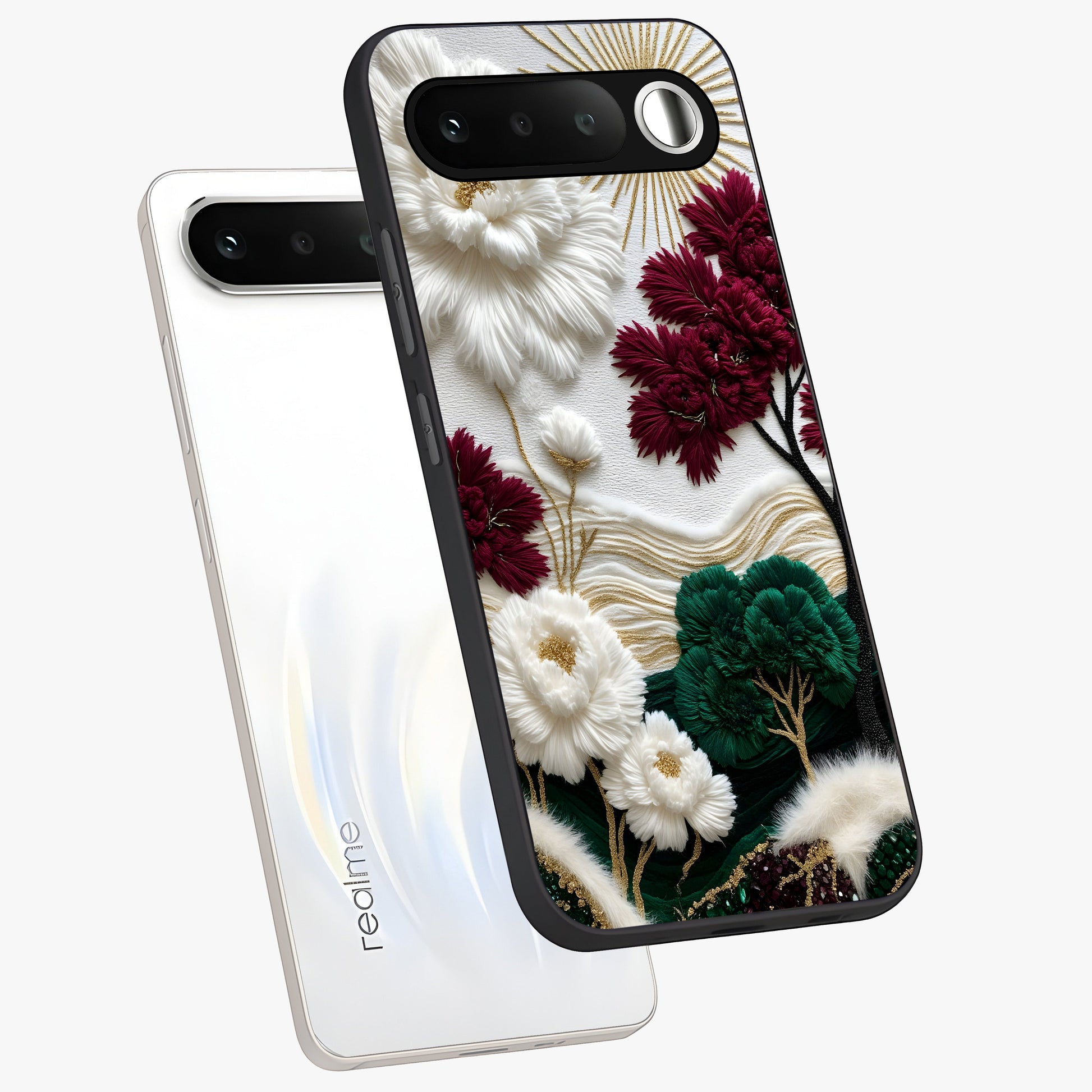 Radiant Bloom Elegance Glass Case displayed in angled mockup highlighting graceful floral design with radiant aesthetic style.