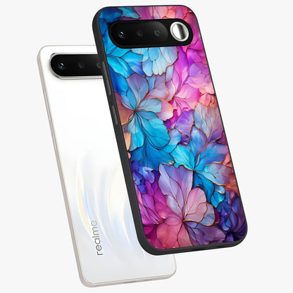 Radiant Floral Whirl Glass Case displayed in angled mockup highlighting vibrant flower pattern with dynamic artistic aesthetic.
