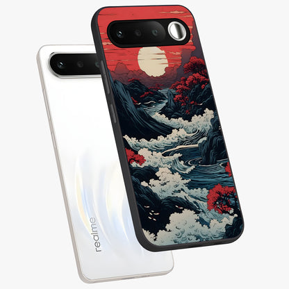 Red Sunset Scenery Glass Case displayed in angled mockup highlighting glowing sunset sky design with scenic aesthetic.