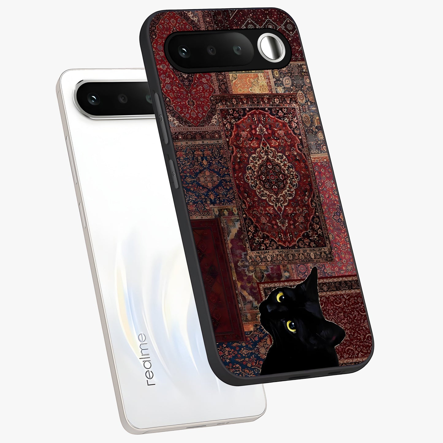 Regal Magic Cat Apple Glass Case displayed in angled mockup highlighting whimsical feline design with fantasy aesthetic.