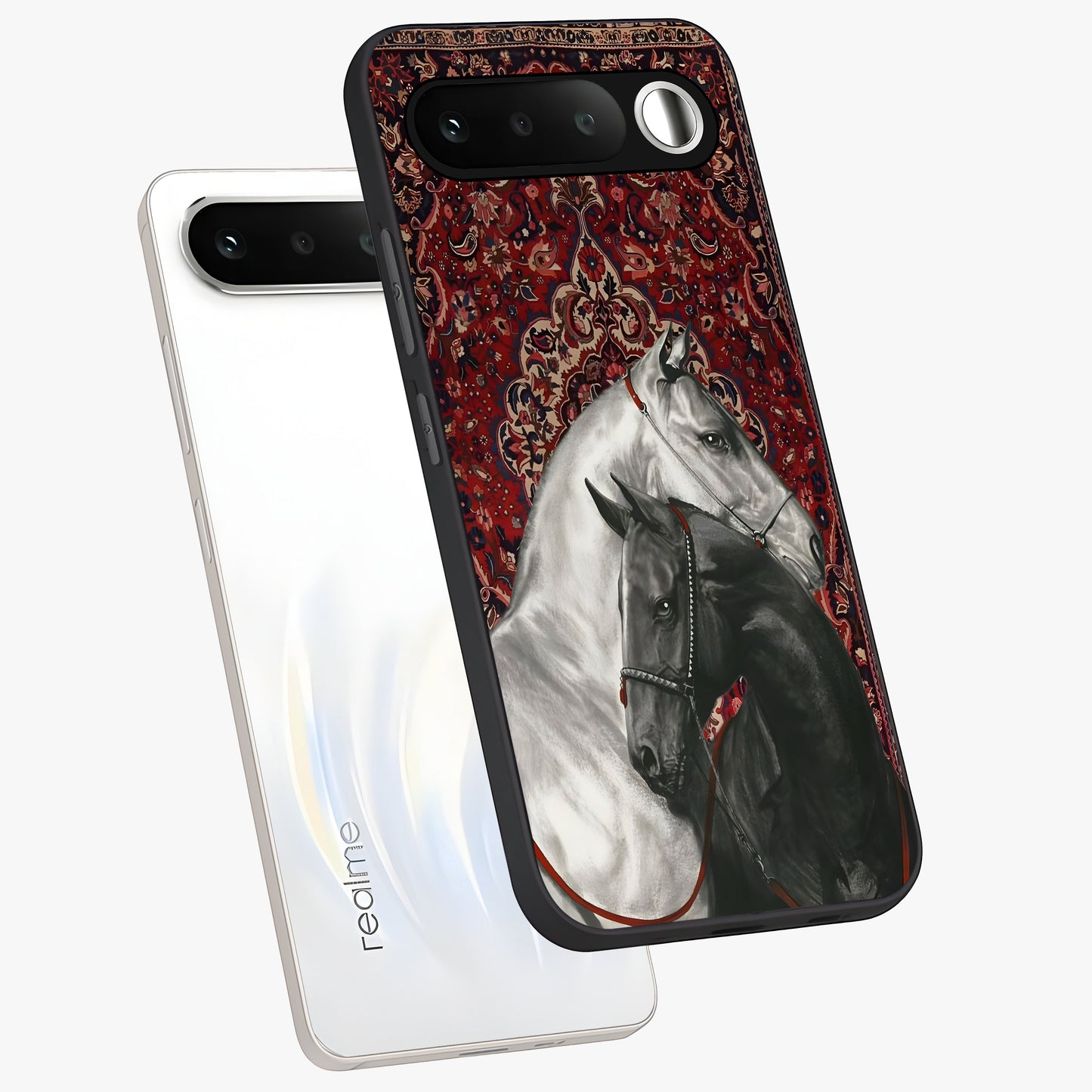 Regal Stallion Tapestry Glass Case displayed in angled mockup highlighting royal stallion design with decorative heritage aesthetic.