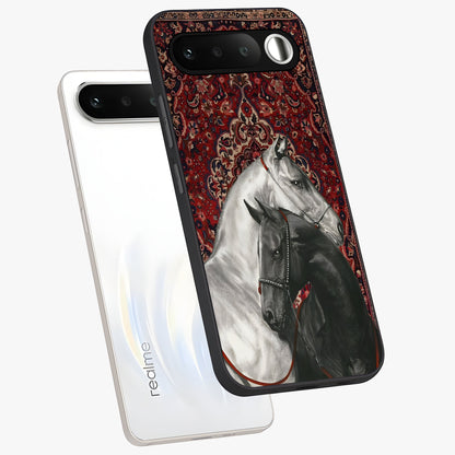 Regal Stallion Tapestry Glass Case displayed in angled mockup highlighting royal stallion design with decorative heritage aesthetic.