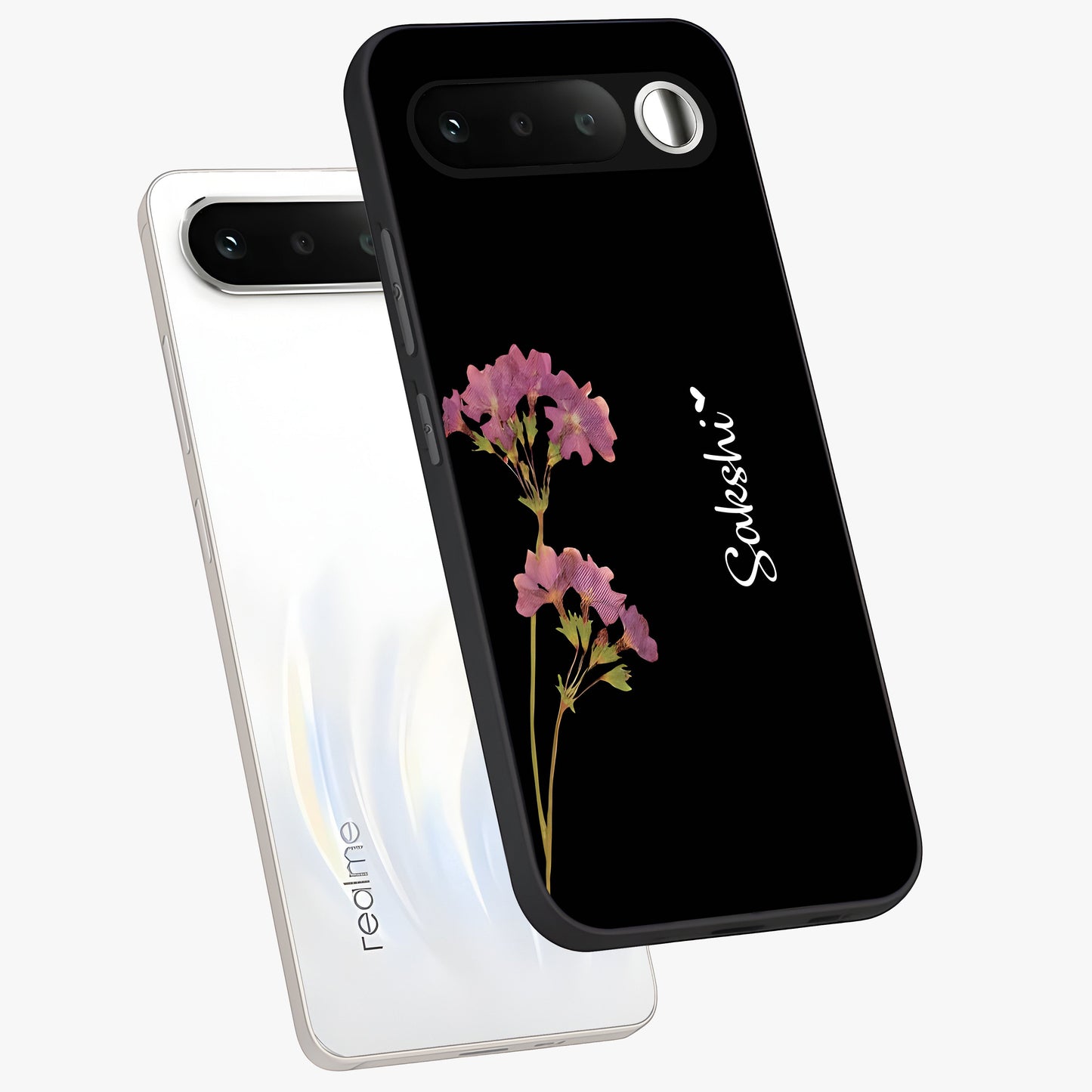 Riching Lavender Flower Custom Name Glass Case displayed in angled mockup highlighting delicate lavender flower design with custom name feature.